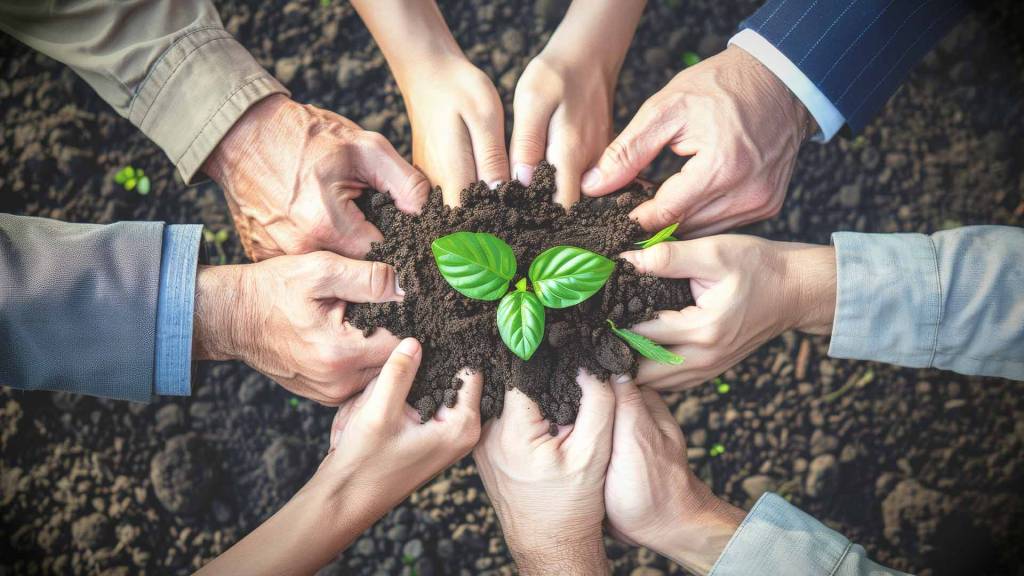 sustainability and environment with hands and plants